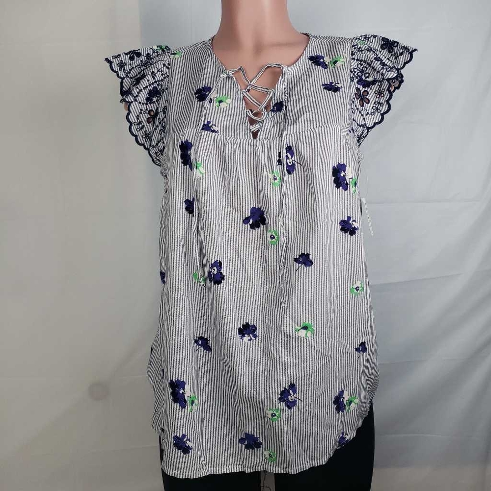 Old Navy Womens Lace Up Blouse White Striped Embro